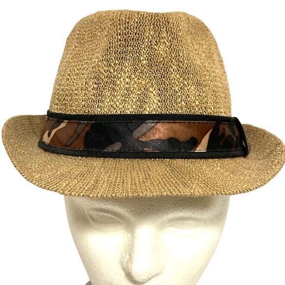Tan woven jute fedora hat with camo hatband - Picture 2 of 12